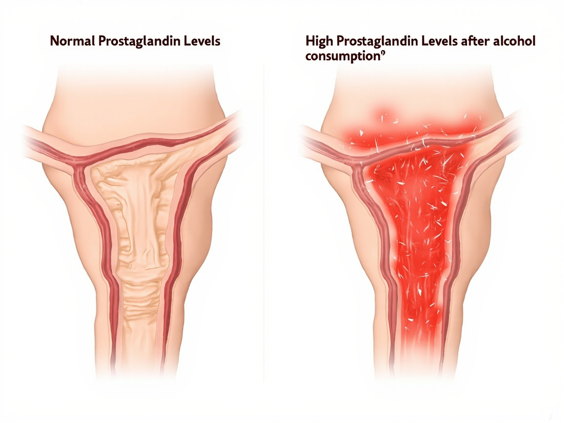 Srovnávací diagram ukazující mírné děložní kontrakce při 'Normální hladině prostaglandinů' versus intenzivní kontrakce při 'Zánětu vyvolaném alkoholem'.