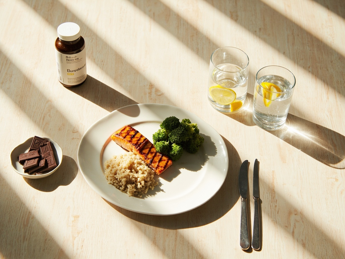 Pohled shora na předměty, které zmírňují negativní účinky alkoholu: láhev vody, elektrolytový prášek, listová zelenina a pohodlné menstruační kalhotky Beautikini.