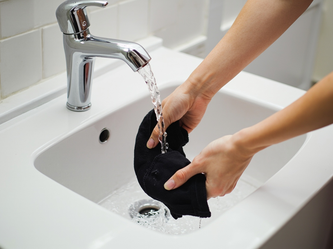 Instruktážní průvodce ukazující čtyřkrokový proces praní menstruačního spodního prádla.